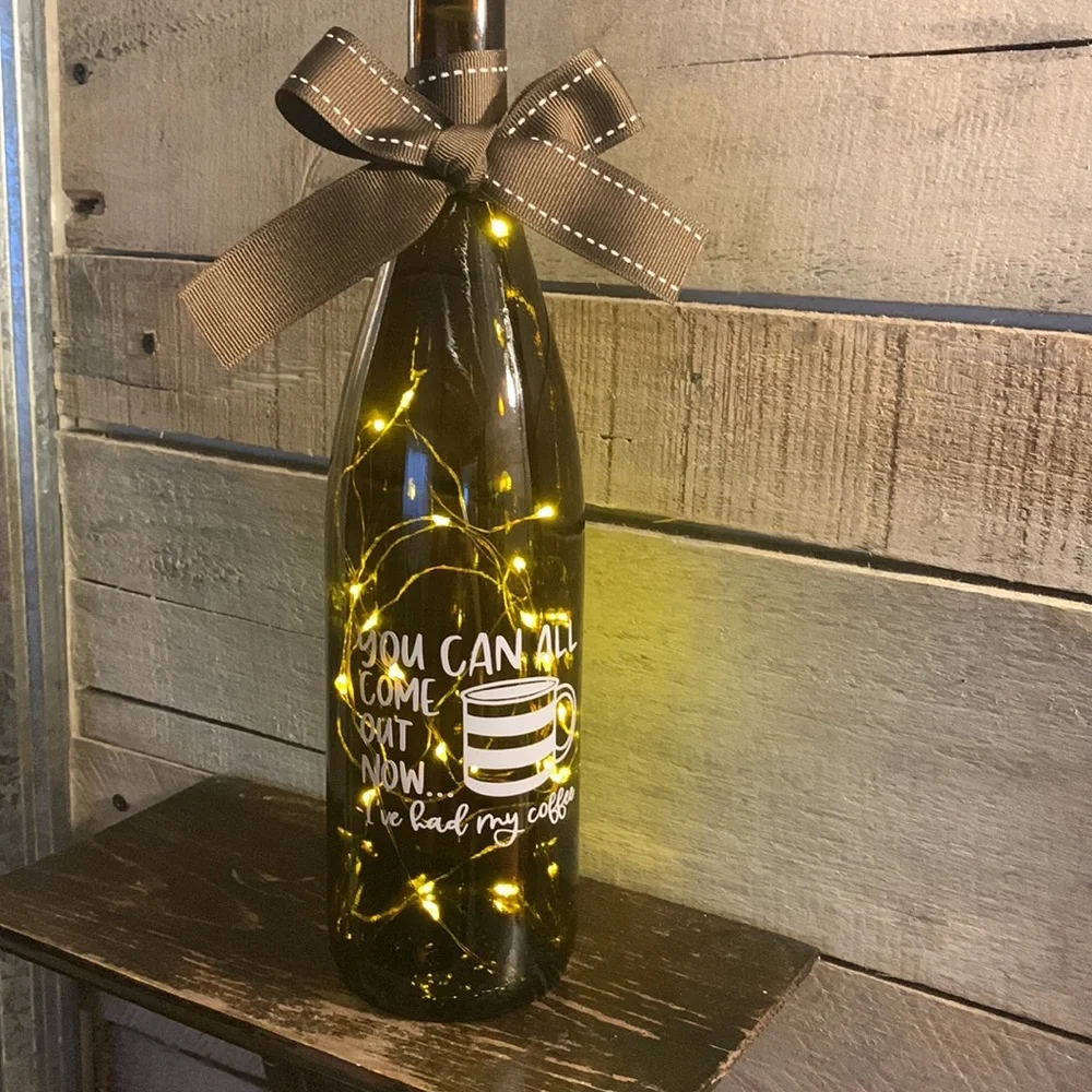 OOAK, Hand Crafted- Coffee logo brown Wine Bottle lantern